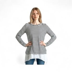 Bar III Black White Striped Long Sleeve Top with Layered Hem – Size M